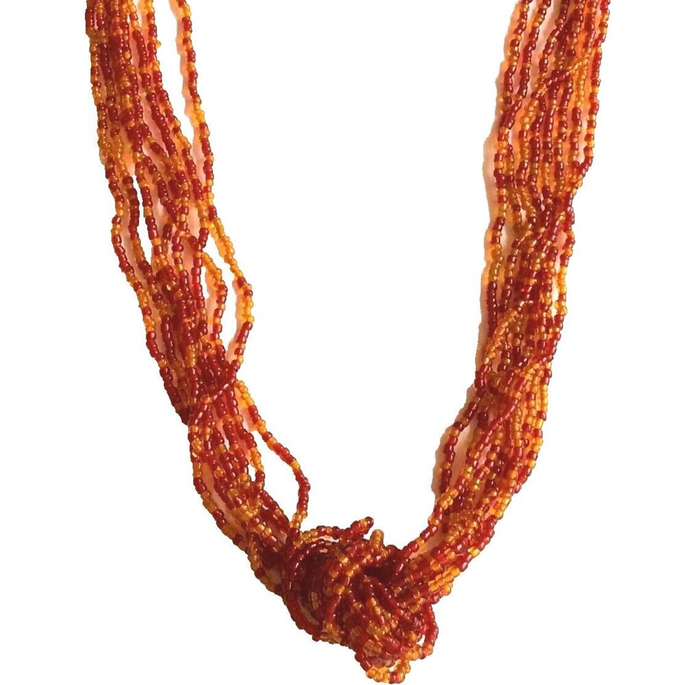 Vtg Bohemian Seed Bead Statement Necklace & Earrings 24" Brown Red Orange Beaded